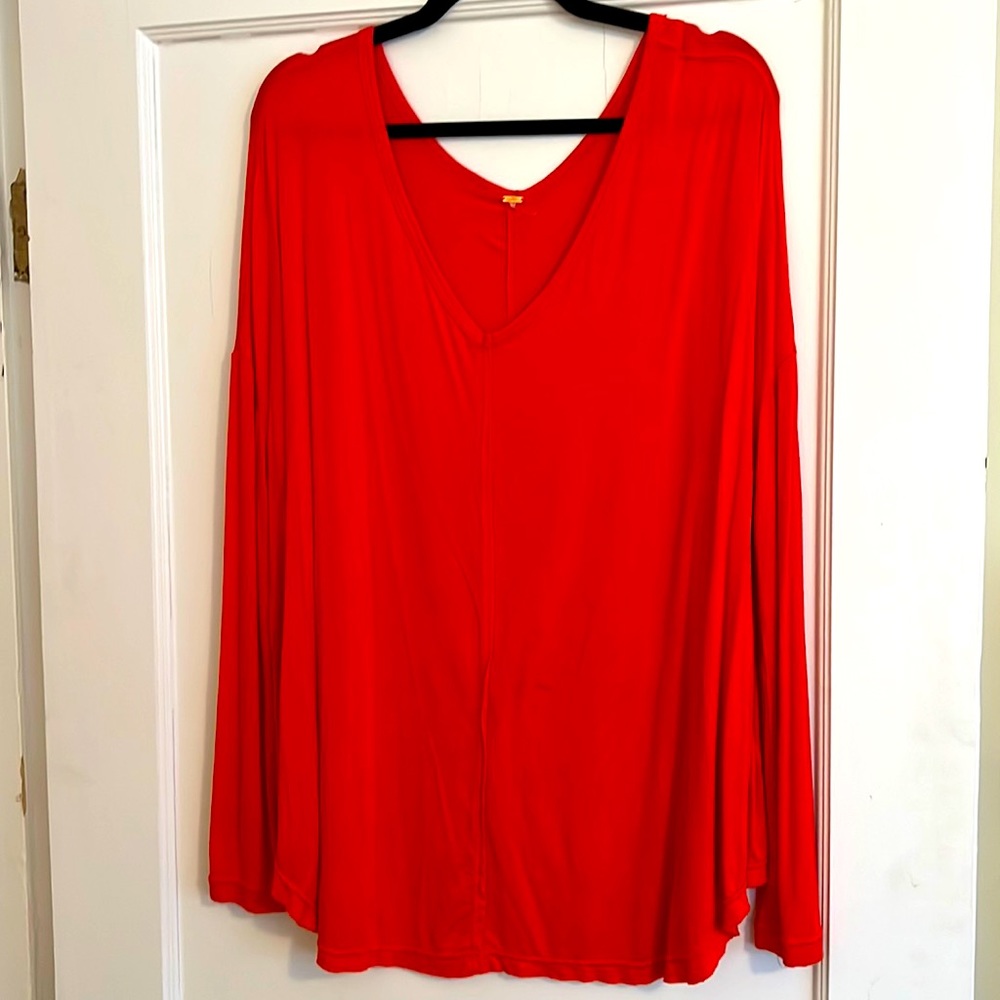 Free People Long Sleeve V-Neck Top in Bright Red
